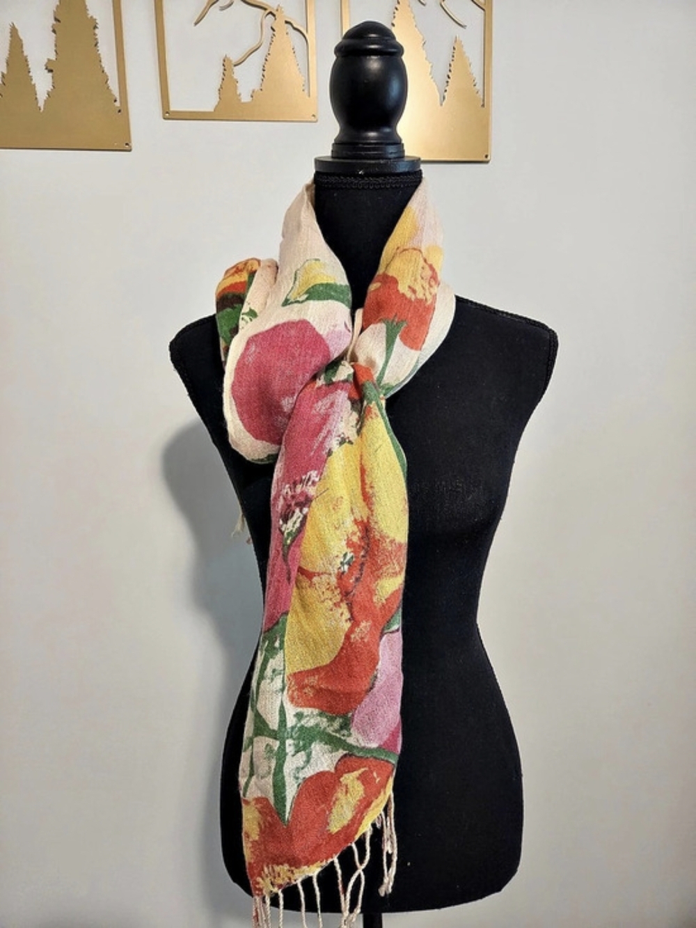 Floral Fringe Scarf in Red & Yellow Like New